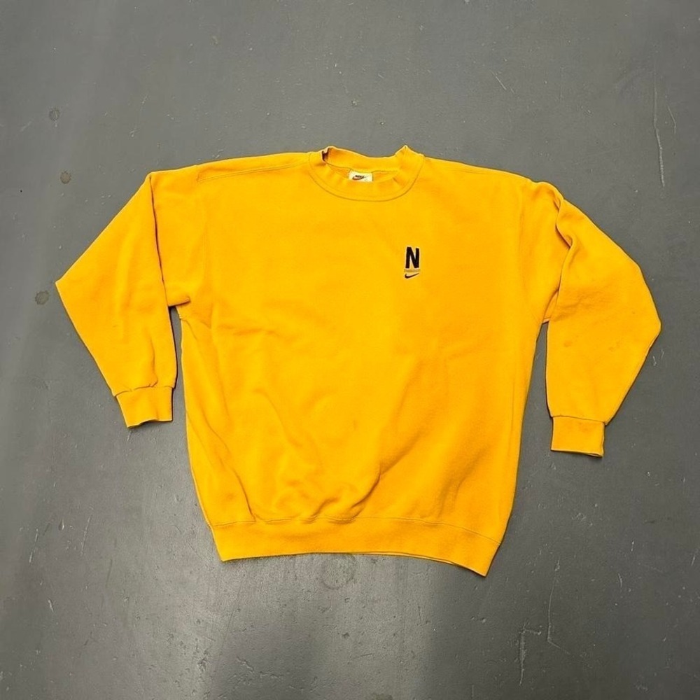 Vintage 90s Nike white tag mustard yellow embroidered check Crewneck sweatshirt - Picture 1 of 7